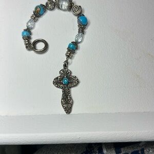 Silver toned  and Turquoise Cross string of beads